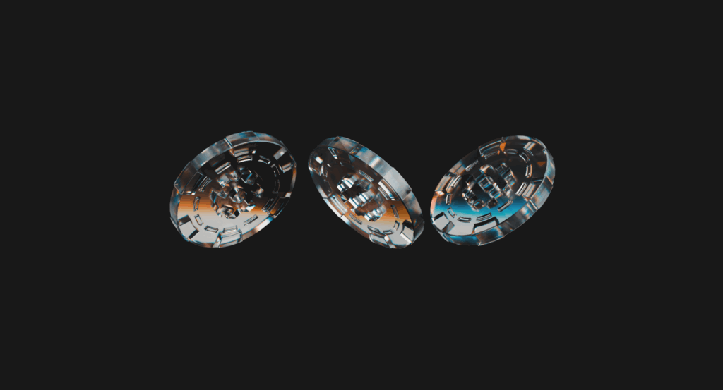 Dark background with three futuristic, metallic casino chips floating in mid-air. The chips reflect shades of blue, silver, and orange, symbolizing modern technology in gambling.