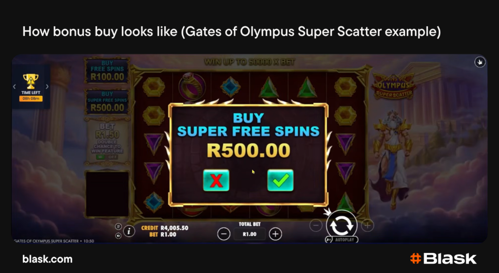 How bonus buy looks like - Gates of Olympus Super Scatter (Pragmatic Play) example