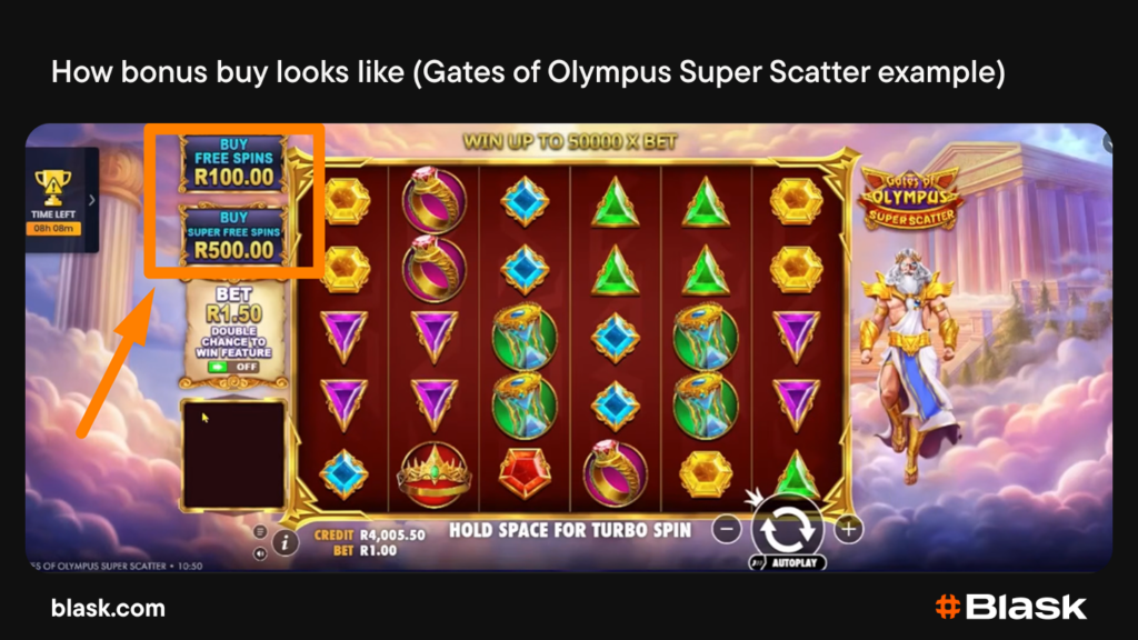 How bonus buy looks like - Gates of Olympus Super Scatter (Pragmatic Play) example