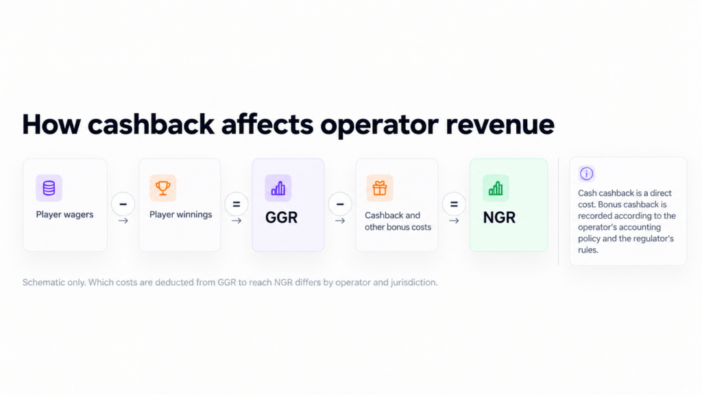 How casino cashback affects operator revenue: GGR minus cashback and bonus costs equals NGR