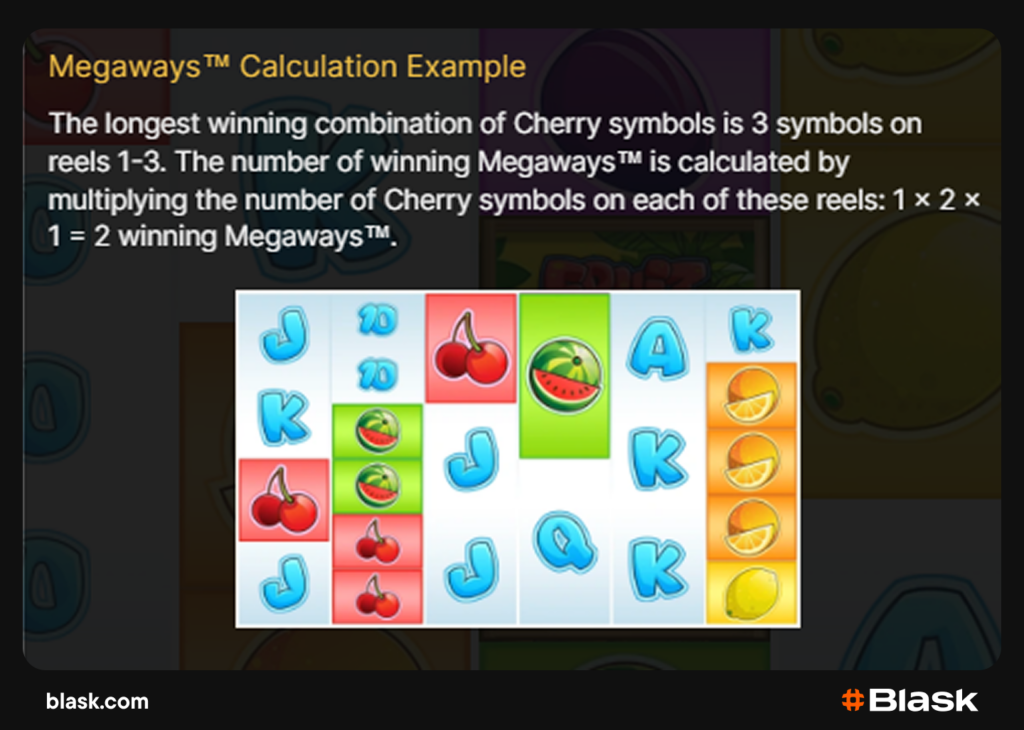 Megaways calculation example (Fruit Shop Megaways, NetEnt)