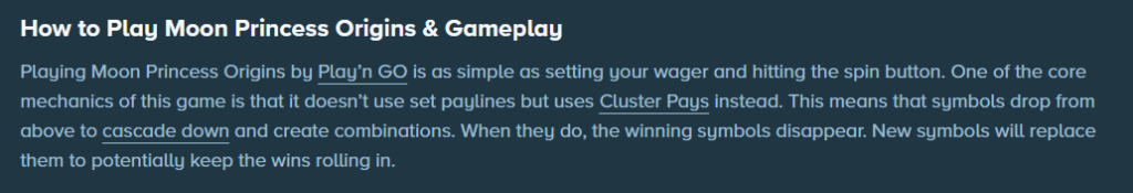 Cluster pays explanation from Stake about Moon Pricess Origins (Play'n'GO)