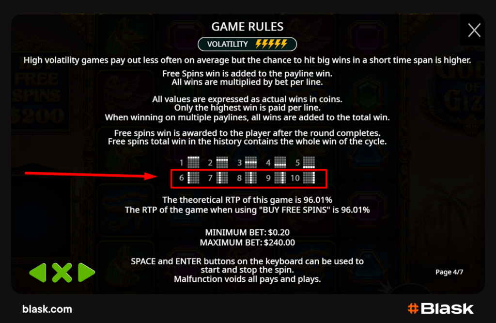 Vertical paylines example (Gods of Giza, Pragmatic Play)