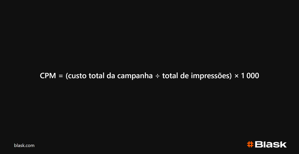 Fórmula do custo por mil impressões: gasto da campanha dividido pelas impressões, vezes 1 000.