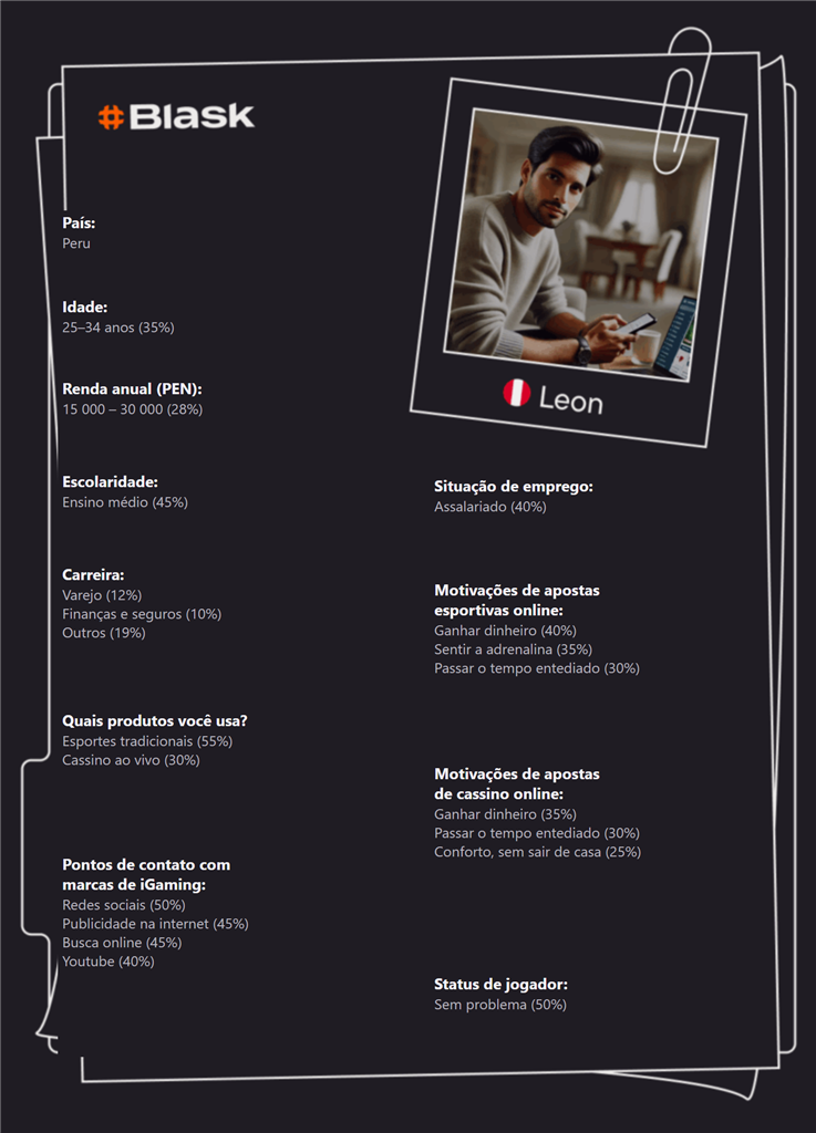Cartão Customer Profile de Leon no Peru, com idade, renda, motivações e status de jogo.