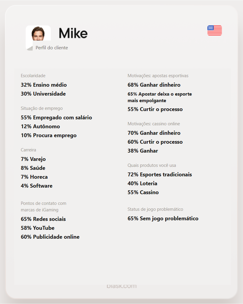 Perfil detalhado de Mike nos EUA, com escolaridade, emprego, motivações e produtos.